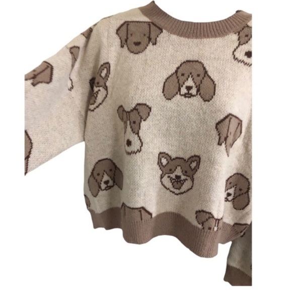 Beige cream brown adorable puppy dog face print long sleeve sweater‎ size medium - Picture 13 of 16